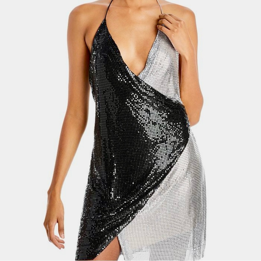 - Alice + Olivia - $795 Ally Metallic Faux Wrap Dress, Black and Silver, Size 12
